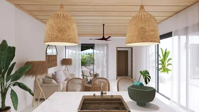 Cocina; estilo rústico, luz natural, vigas de madera