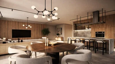 Küche; küchengeräte, moderner stil, holzboden, tageslicht