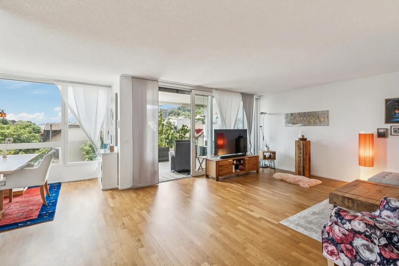 Salon; parquet, lumière naturelle, vue