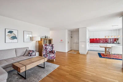 Salon; parquet, lumière naturelle, style moderne