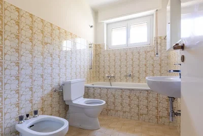 Toilette; fliesenboden, tageslicht