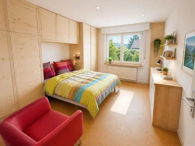 Chambre; lumière naturelle, poutres en bois, style moderne