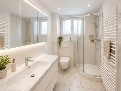 Salle de bain; carrelage, rénové, lumière naturelle