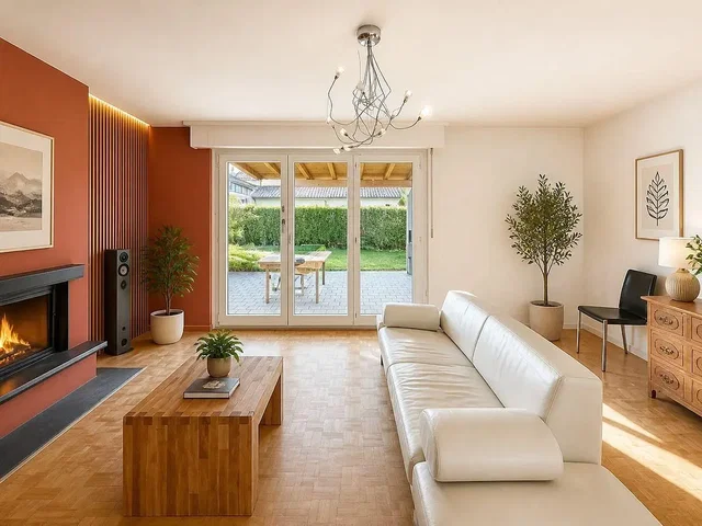 Dnevni boravak; prirodna svjetlost, kamin, moderan stil
