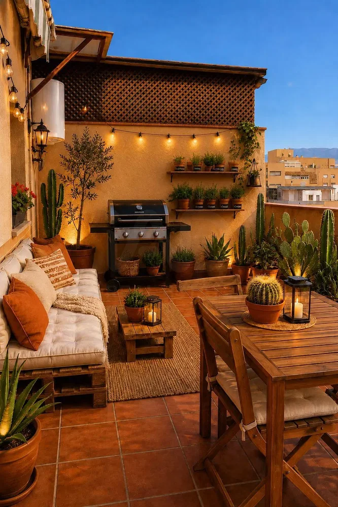 Terraza; suelo de baldosas, luz natural, estilo rústico, vista