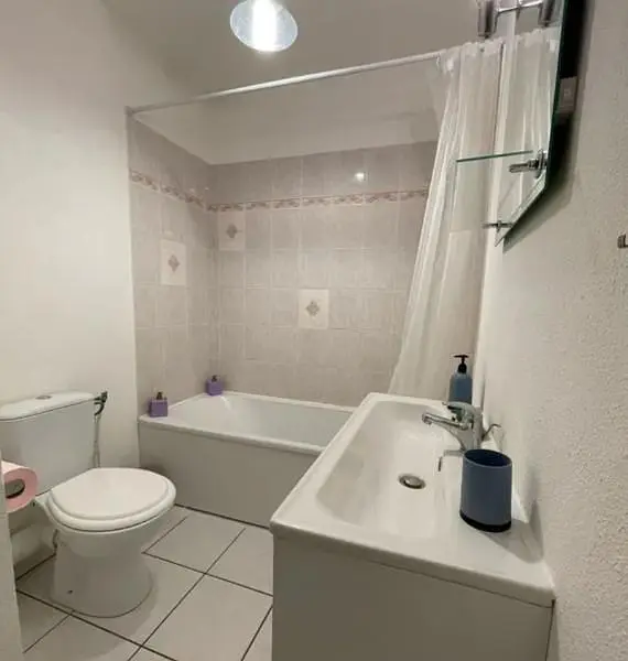 Salle de bain; carrelage, nécessite rénovation, lumière naturelle