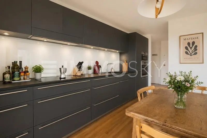 Kitchen; kitchen appliances, wood floor, natural light, modern style