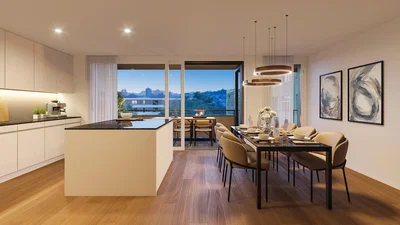 Cucina; pavimento in legno, luce naturale, stile moderno, elettrodomestici