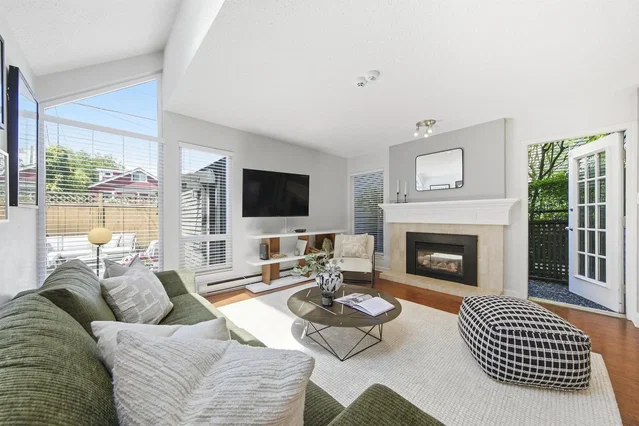 Living room; view, natural light, modern style, fireplace, wood floor