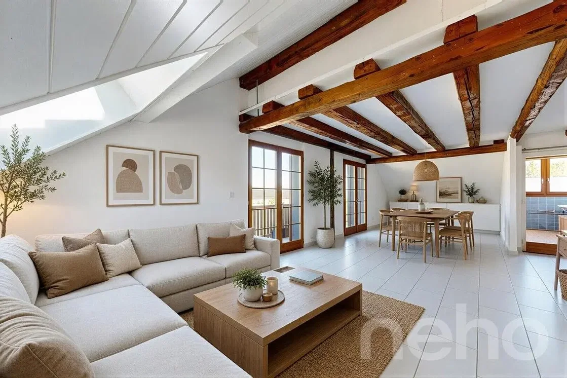 Sala de estar; luz natural, vigas de madeira, estilo moderno