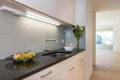 Cuisine; électroménager, parquet, lumière naturelle, style moderne, rénové