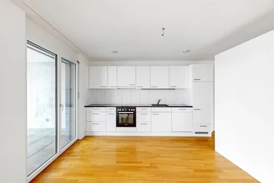 Cuisine; électroménager, parquet, lumière naturelle