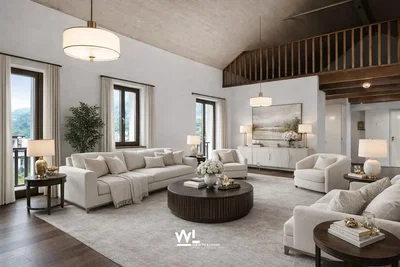 Wohnzimmer; blick, holzbalken, tageslicht, moderner stil