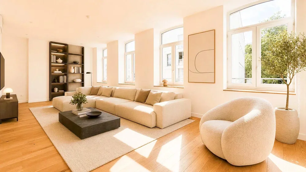 Wohnzimmer; tageslicht, holzboden, moderner stil