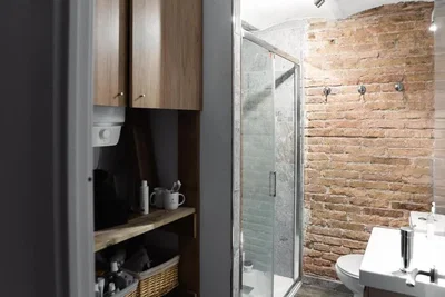 Bathroom; wood floor, natural light