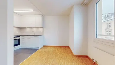 Kuhinja; kuhinjski aparati, drveni pod, prirodno svjetlo, pogled