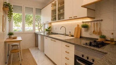 Кухиња; кухињски апарати, дрвени под, плочице, природно светло, модерни стил