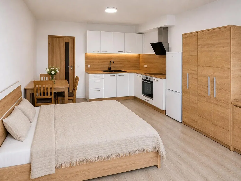 Slaapkamer; keukenapparatuur, houten vloer, natuurlijk licht