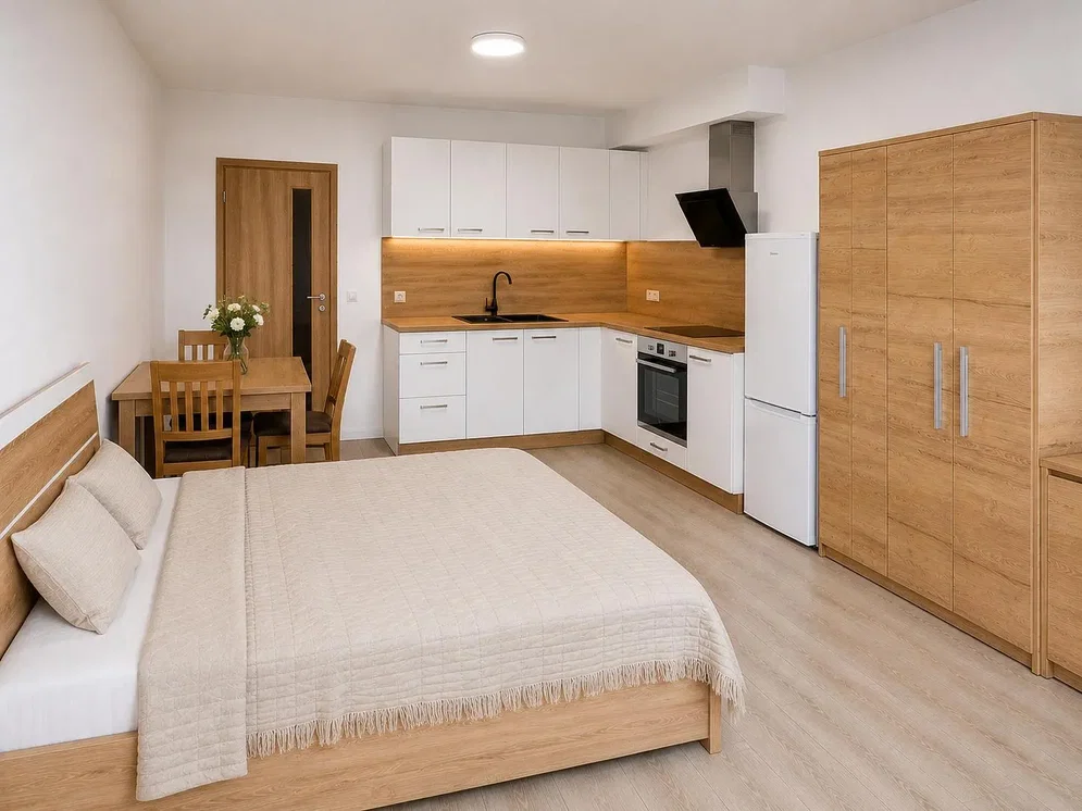 Slaapkamer; keukenapparatuur, houten vloer, natuurlijk licht