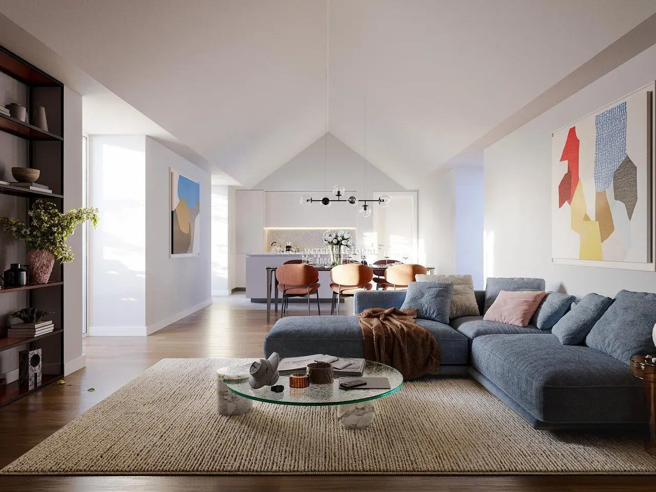 Woonkamer; natuurlijk licht, houten vloer, moderne stijl