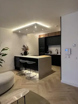 Cuisine; électroménager, parquet, lumière naturelle, style moderne