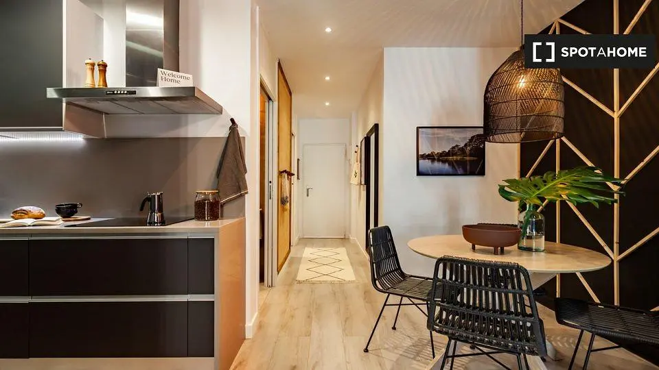 Kitchen; kitchen appliances, modern style, wood floor, natural light