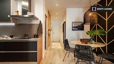 Kitchen; kitchen appliances, modern style, wood floor, natural light