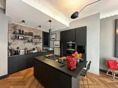Kitchen; kitchen appliances, wood floor, natural light, modern style