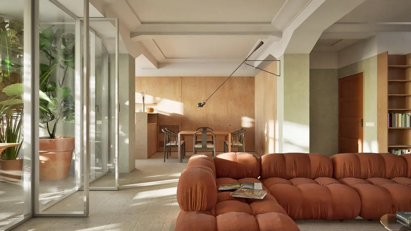 Soggiorno; luce naturale, stile moderno, travi in legno