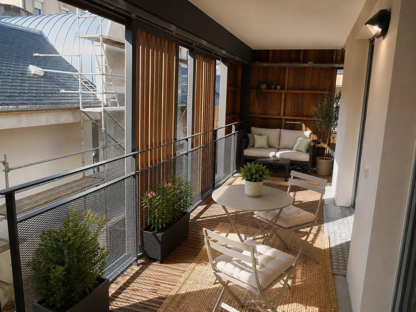 Balcone; luce naturale, pavimento in legno