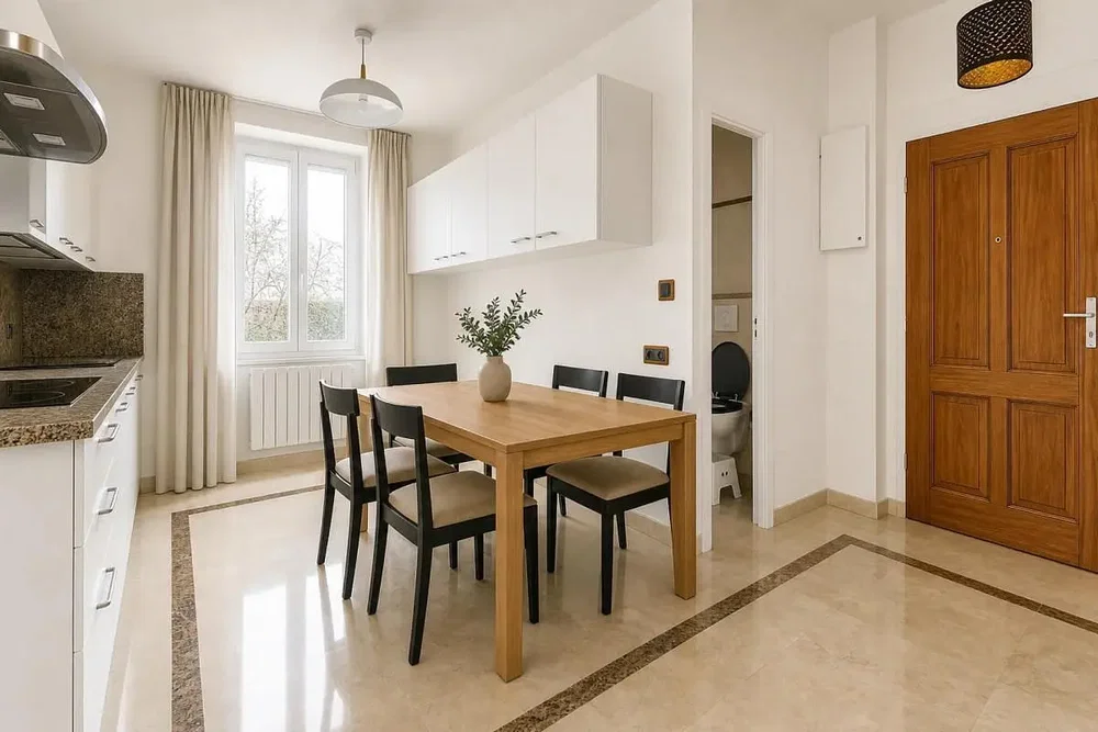 Cocina; electrodomésticos, suelo de baldosas, luz natural