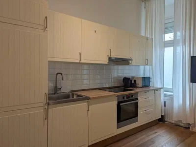 Cuisine; électroménager, parquet, lumière naturelle