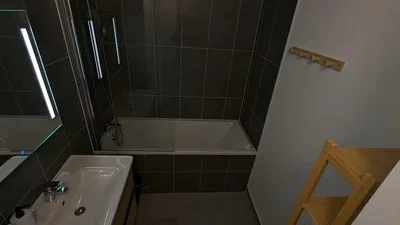 Koupelna; dlažba, dřevěné trámy