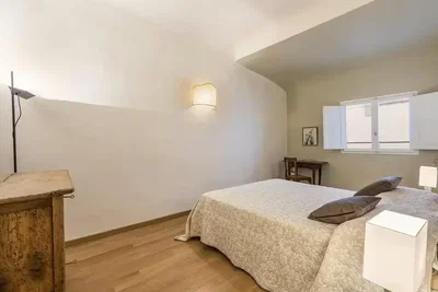 Ložnice; dřevěná podlaha, přirozené světlo