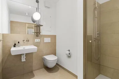 Toilettes; carrelage, rénové, lumière naturelle