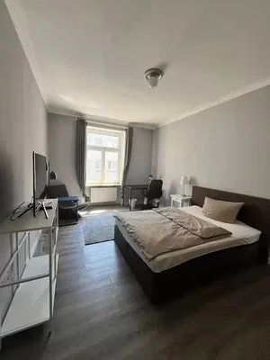 Camera da letto; pavimento in legno, pavimento in piastrelle, luce naturale