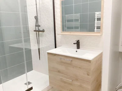 Salle de bain; rénové, carrelage, lumière naturelle