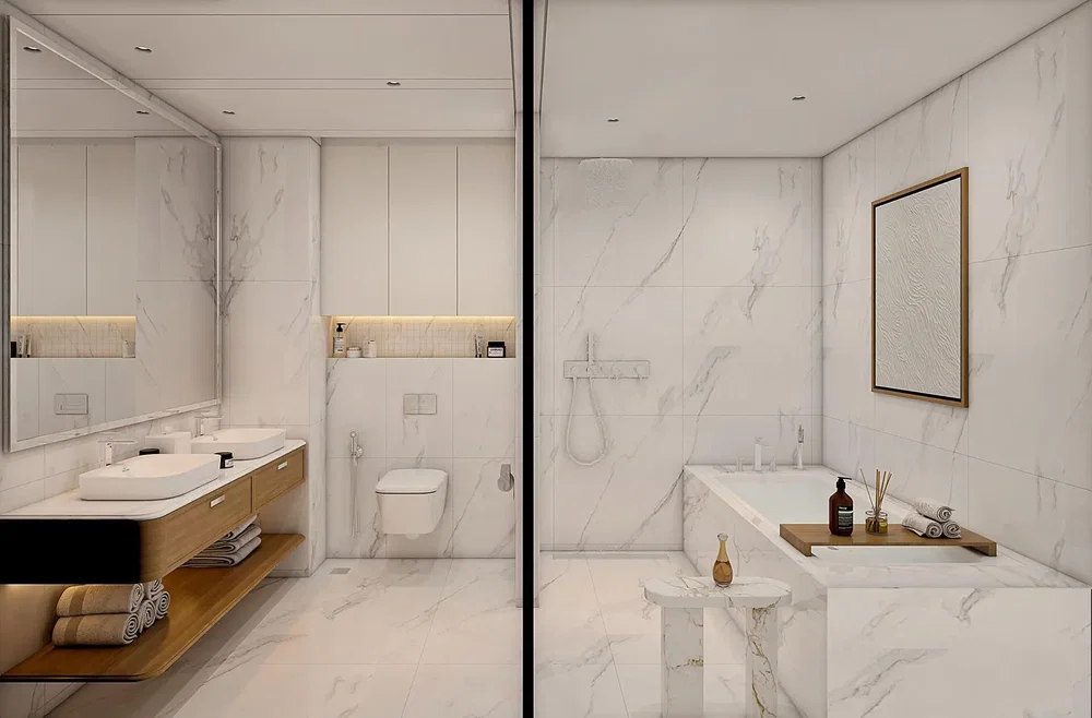 Salle de bain; rénové, lumière naturelle, carrelage, poutres en bois