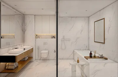 Salle de bain; rénové, lumière naturelle, carrelage, poutres en bois