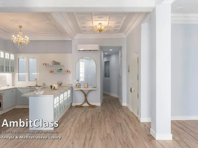 Kitchen; kitchen appliances, wood floor, natural light, modern style, renovated