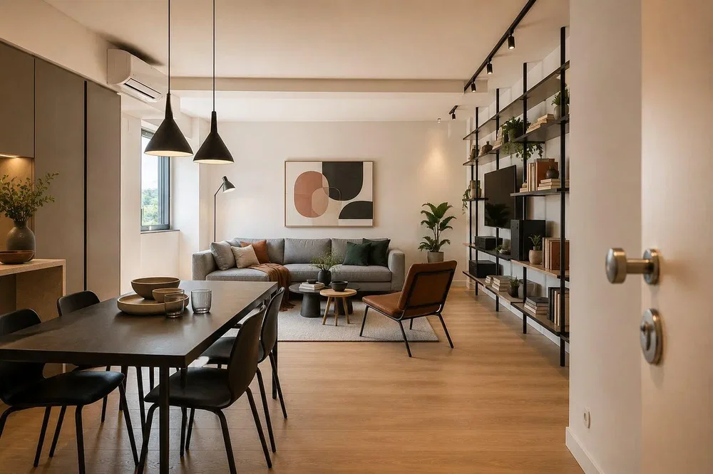 Oturma odası; modern stil, ahşap zemin, doğal ışık, tadilatlı