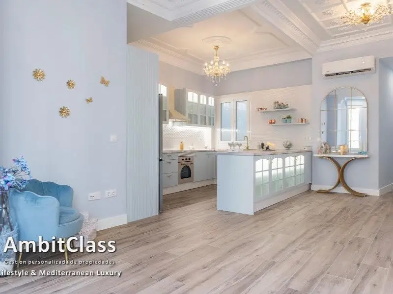 Kitchen; kitchen appliances, wood floor, renovated, natural light, modern style
