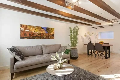 Living room; wood beams, wood floor, natural light, modern style