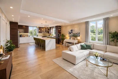 Salon; parquet, lumière naturelle, style moderne, électroménager