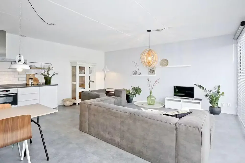 Living room; natural light, modern style, kitchen appliances