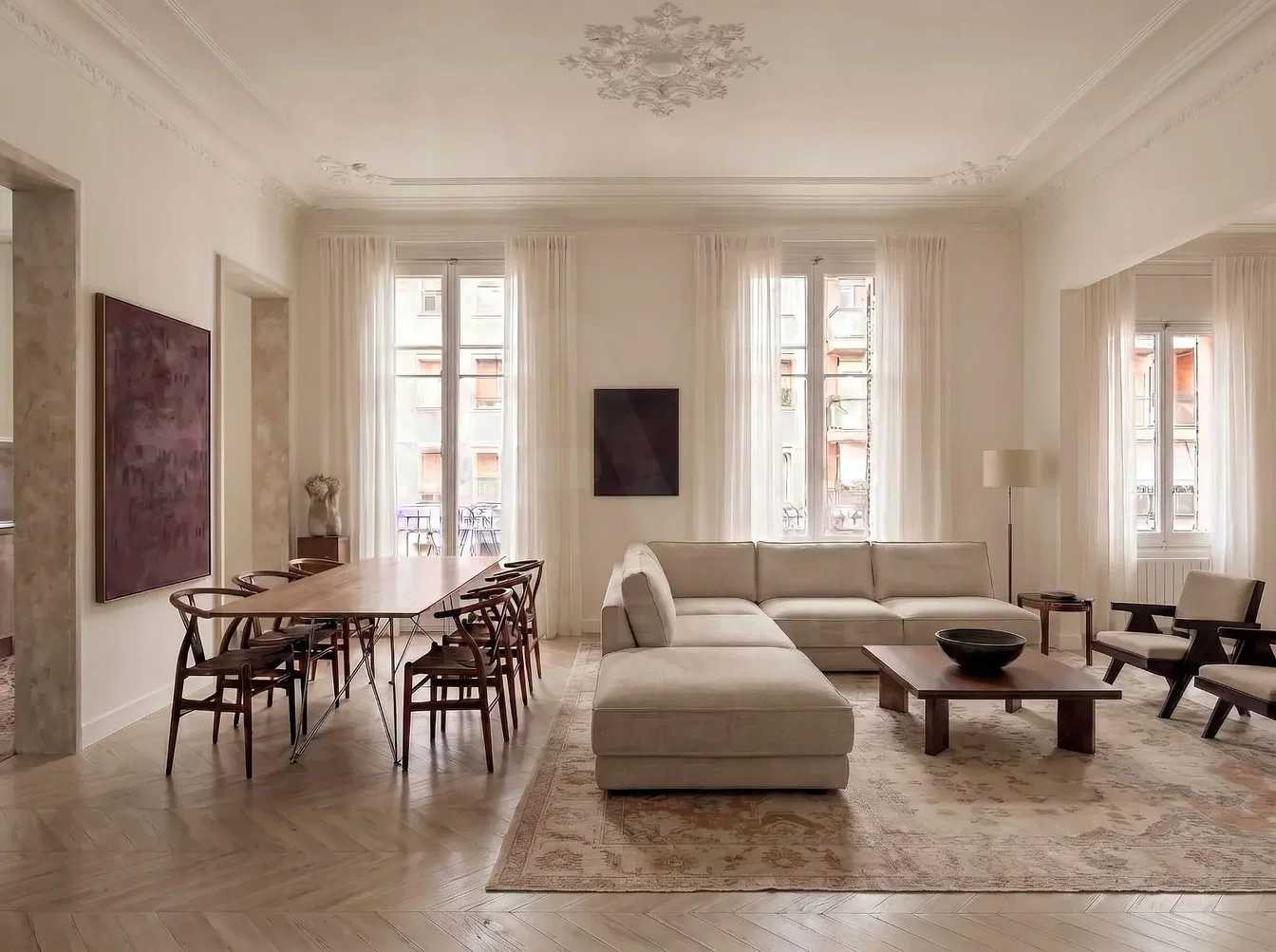 Wohnzimmer; tageslicht, holzboden, moderner stil