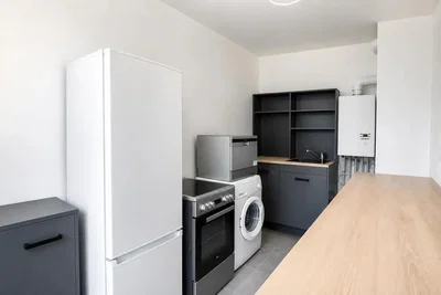 Cuisine; électroménager, parquet, carrelage, lumière naturelle