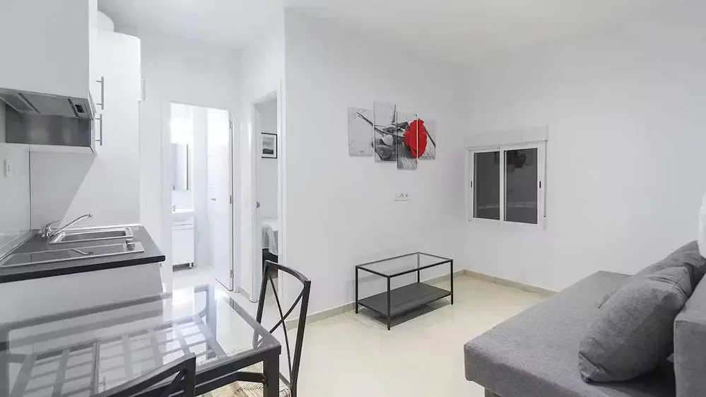 Living room; kitchen appliances, natural light, modern style