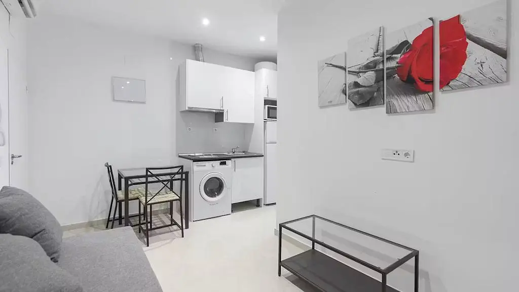 Living room; kitchen appliances, natural light, modern style