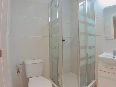 Toilet; tile floor, natural light